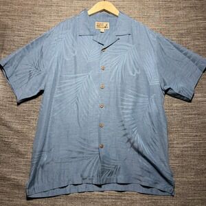 Tiki Classics Shirt Mens L Blue Palm Leaf SS Camp Collar Silk Hawaiian Aloha